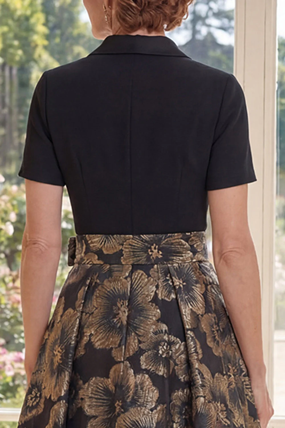 Black A Line Jacquard V-Neck Long Mother Of the Bride Dress with Bow - Image 4