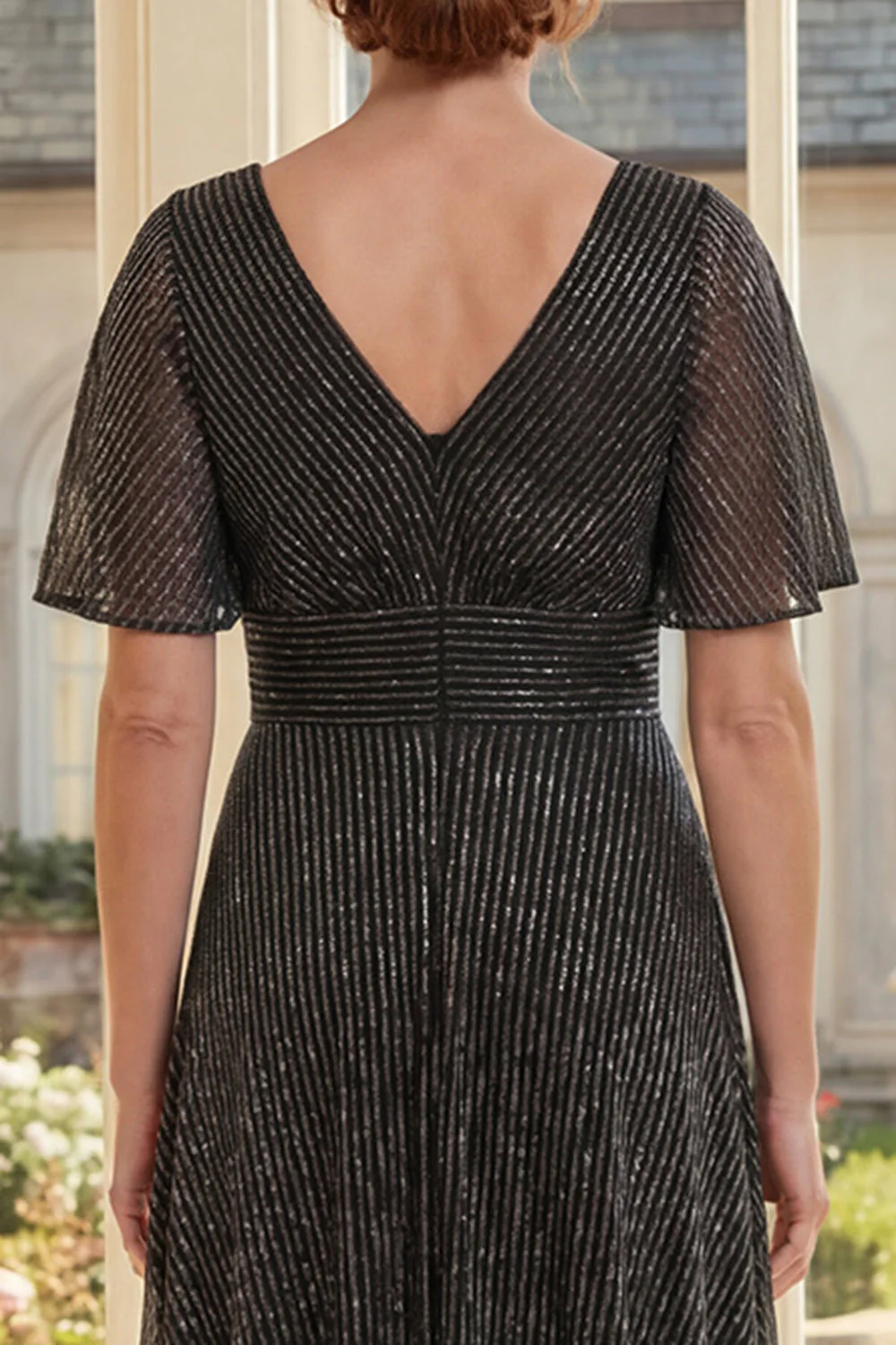 A-Line Black Pleated V-Neck Long Mother Of the Bride Dress with Flutter Sleeves - Image 4