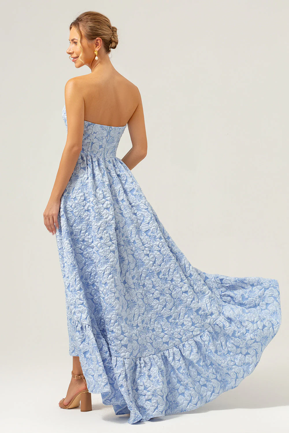 A-Line Blue Floral Strapless High Low Bridesmaid Dress - Image 2