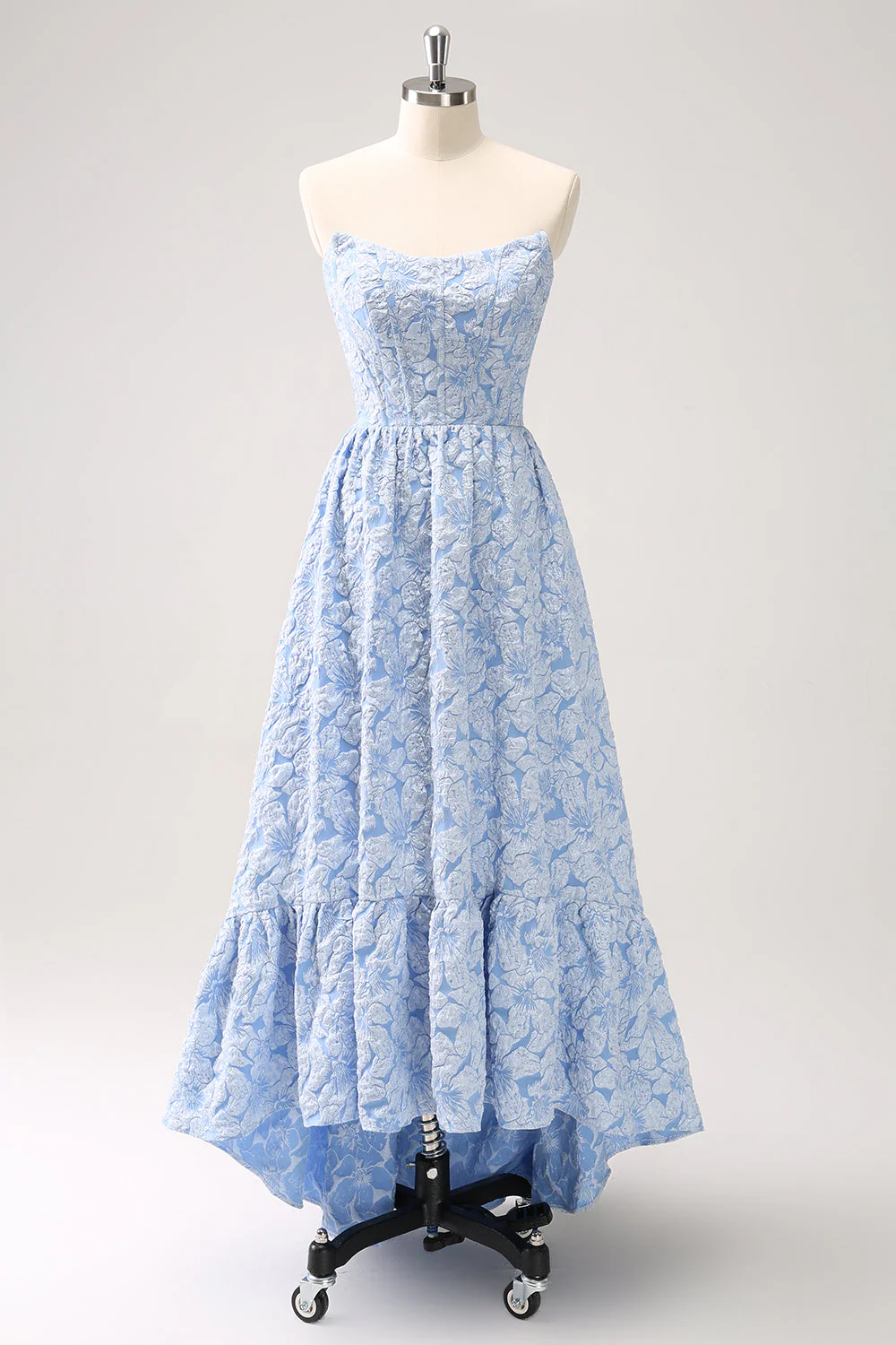 A-Line Blue Floral Strapless High Low Bridesmaid Dress - Image 3