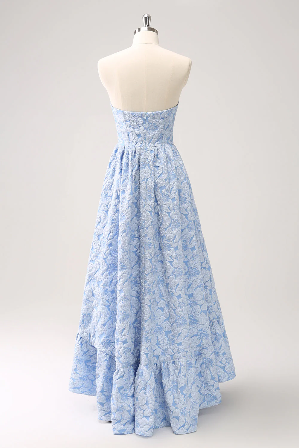 A-Line Blue Floral Strapless High Low Bridesmaid Dress - Image 4