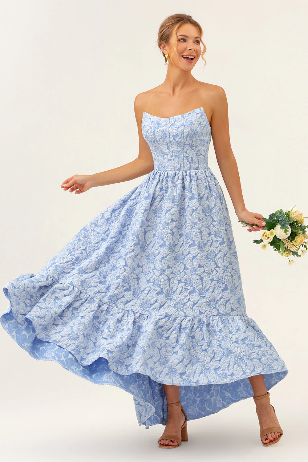 A-Line Blue Floral Strapless High Low Bridesmaid Dress - Image 5