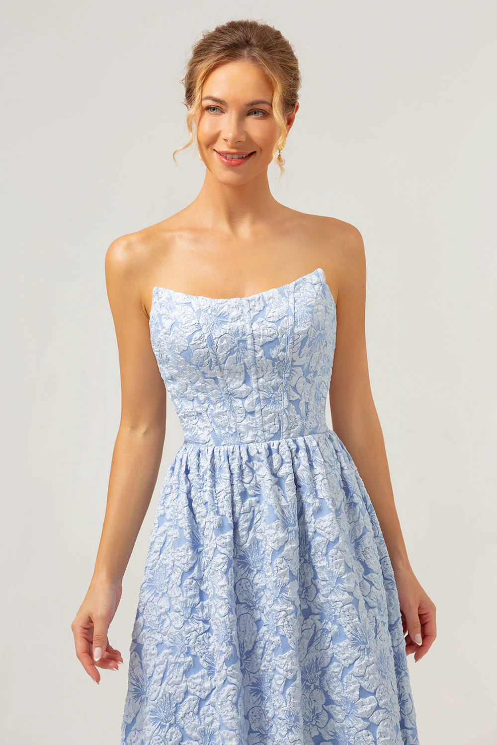 A-Line Blue Floral Strapless High Low Bridesmaid Dress - Image 6