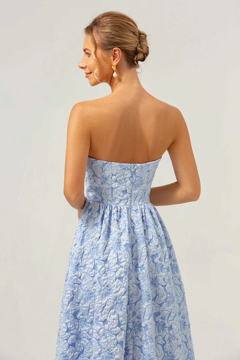 A-Line Blue Floral Strapless High Low Bridesmaid Dress - Image 7