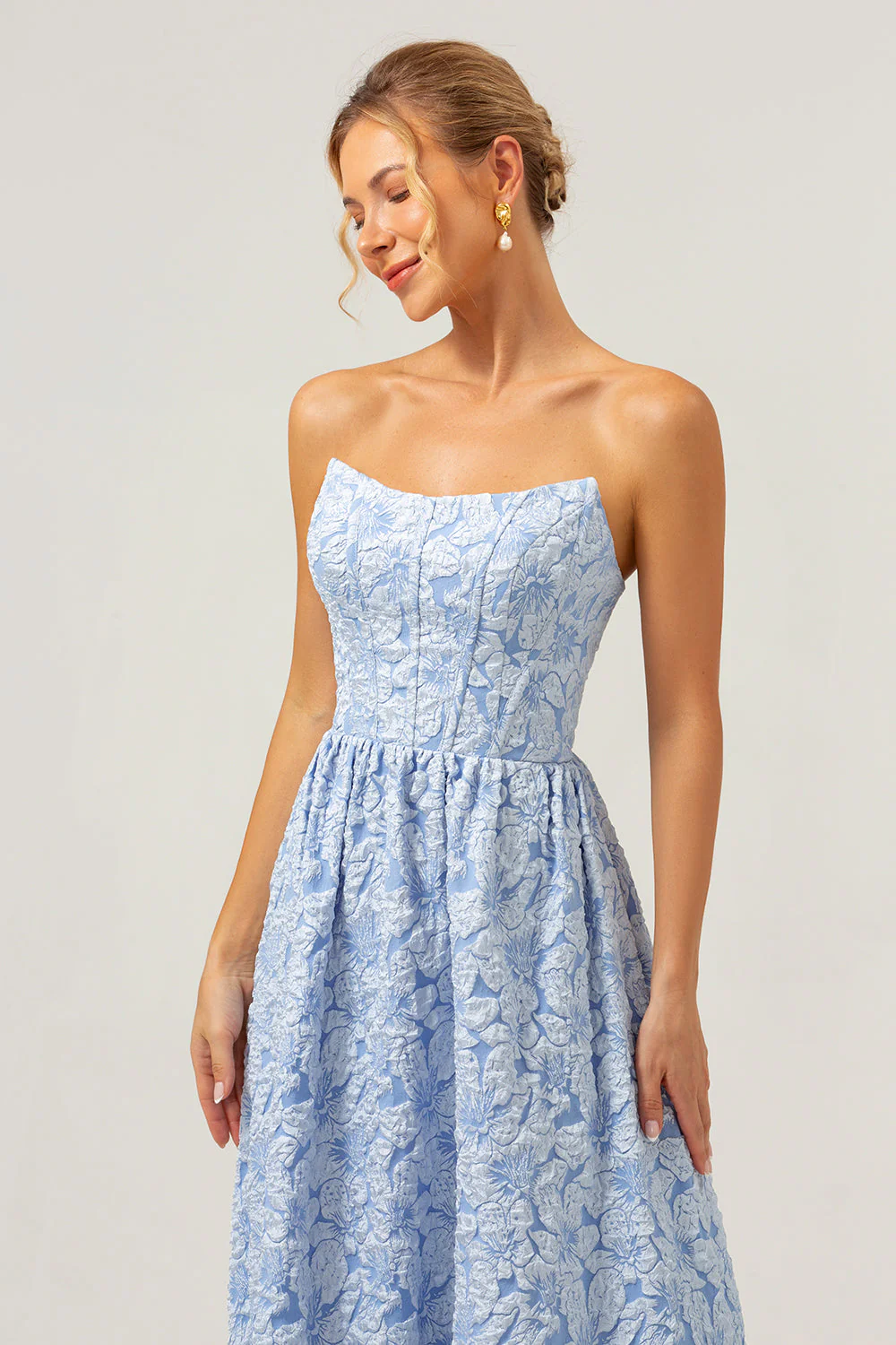 A-Line Blue Floral Strapless High Low Bridesmaid Dress - Image 8