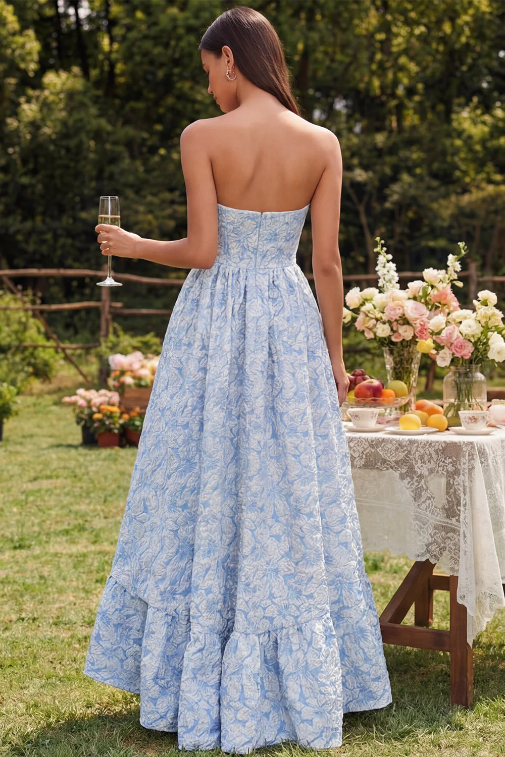 A-Line Blue Floral Strapless High Low Floral Dress - Image 2
