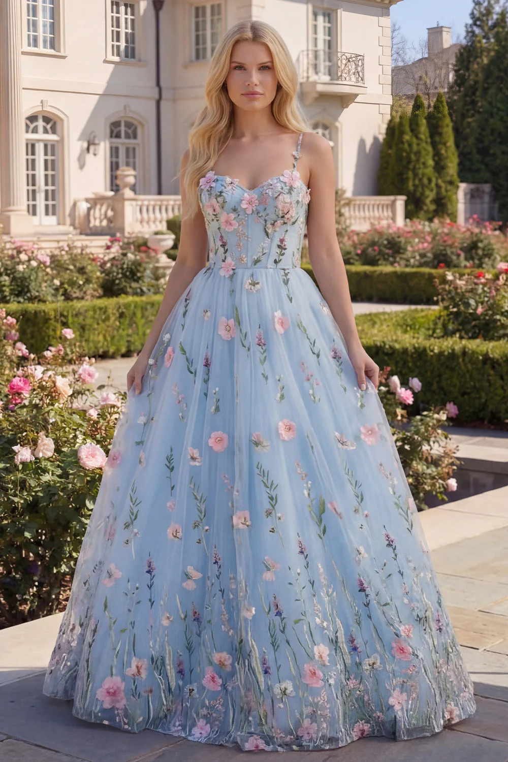 A-Line Blue Tulle Floral Corset Long Prom Dress with 3D Flowers