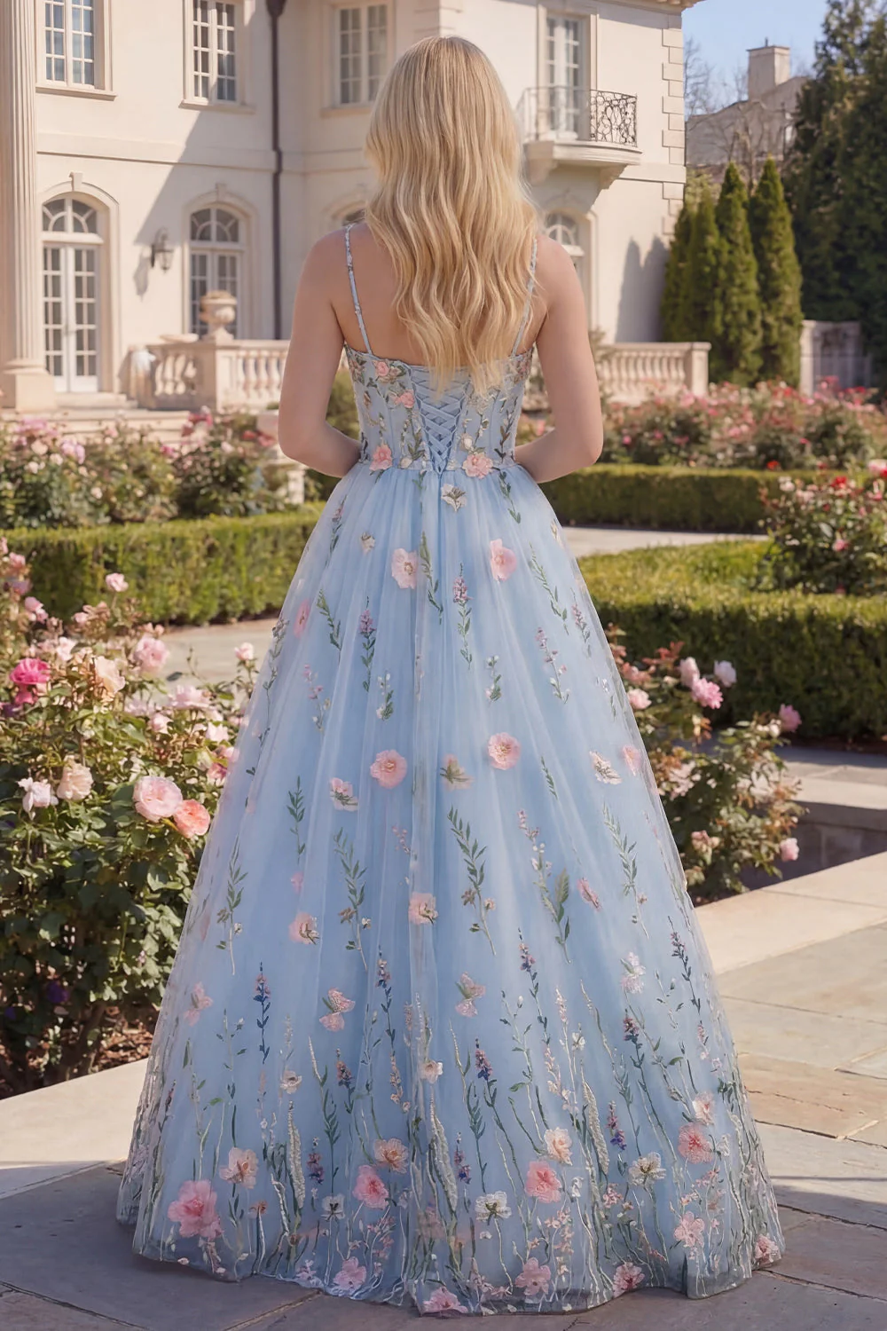 A-Line Blue Tulle Floral Corset Long Prom Dress with 3D Flowers - Image 2