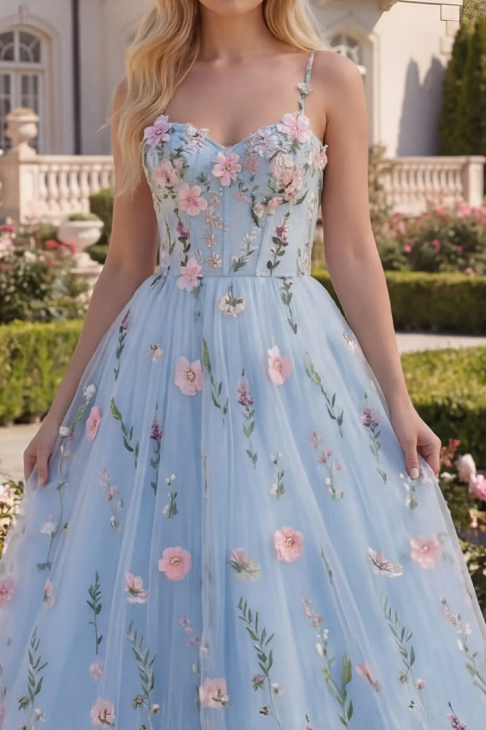 A-Line Blue Tulle Floral Corset Long Prom Dress with 3D Flowers - Image 3