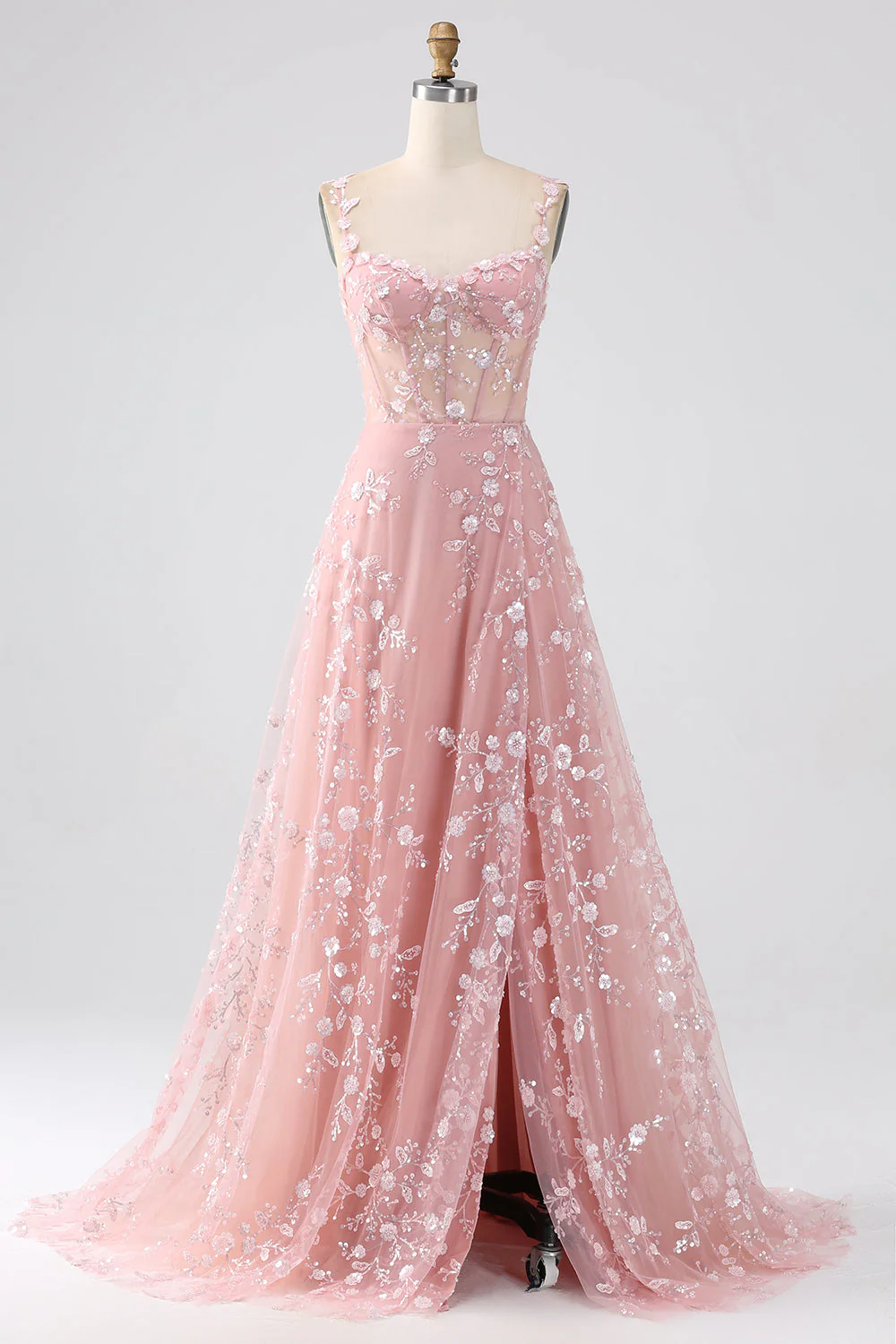 A Line Blush Spaghetti Straps Sequin Corset Prom Dress With Slit - Image 10