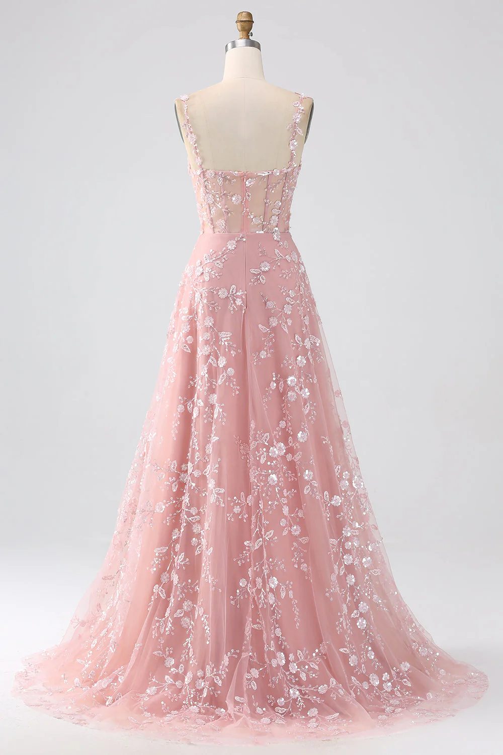 A Line Blush Spaghetti Straps Sequin Corset Prom Dress With Slit - Image 11