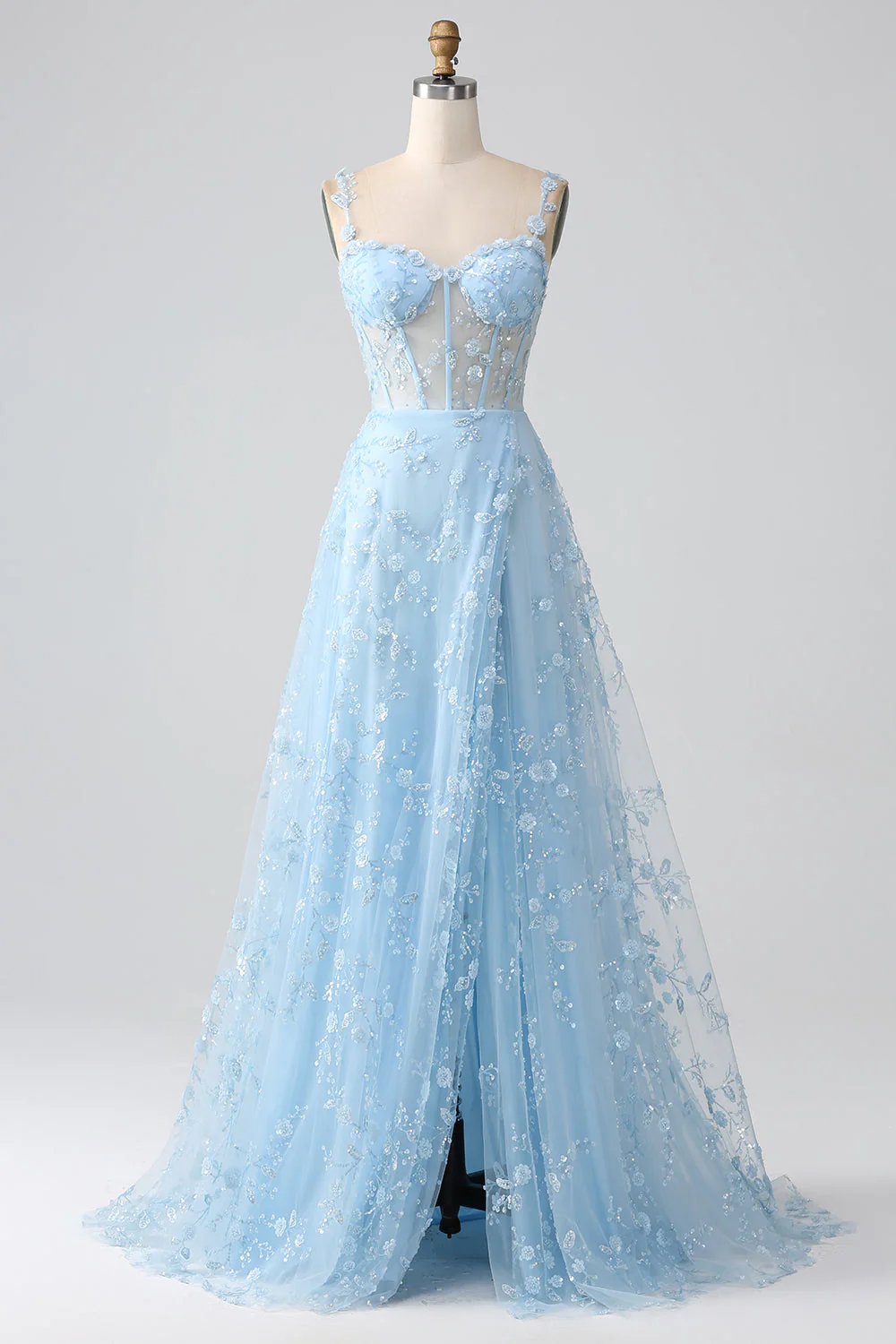 A Line Blush Spaghetti Straps Sequin Corset Prom Dress With Slit - Image 12