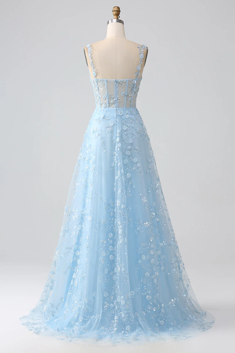 A Line Blush Spaghetti Straps Sequin Corset Prom Dress With Slit - Image 13