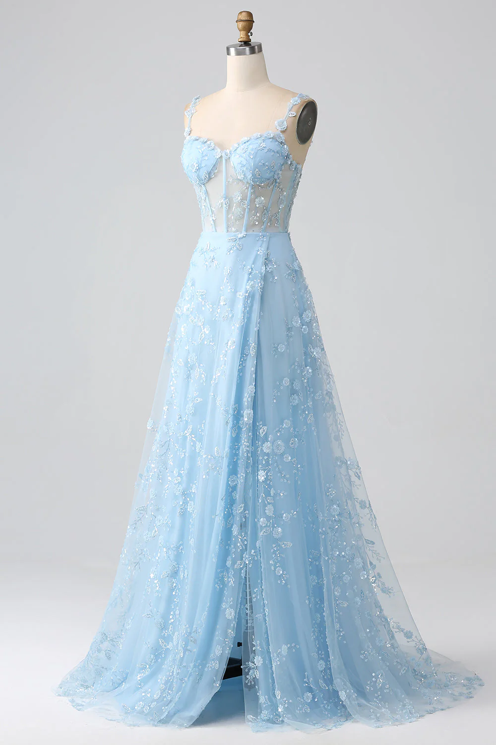 A Line Blush Spaghetti Straps Sequin Corset Prom Dress With Slit - Image 14