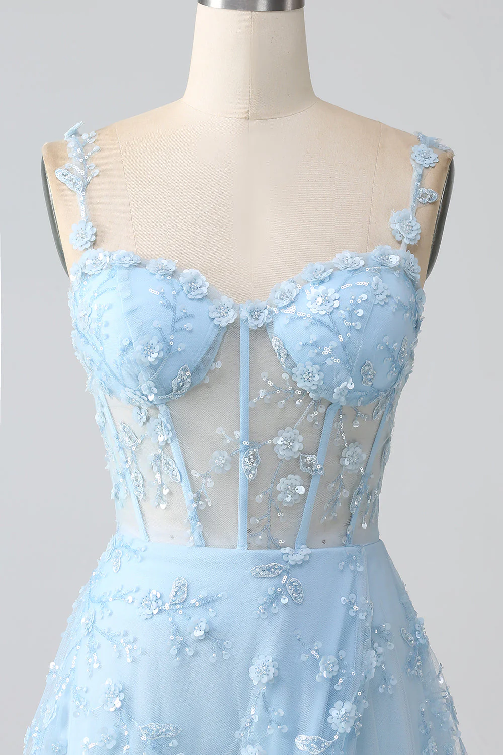 A Line Blush Spaghetti Straps Sequin Corset Prom Dress With Slit - Image 15