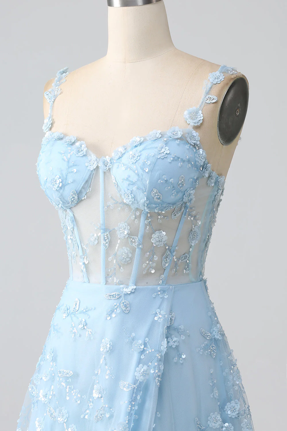 A Line Blush Spaghetti Straps Sequin Corset Prom Dress With Slit - Image 16