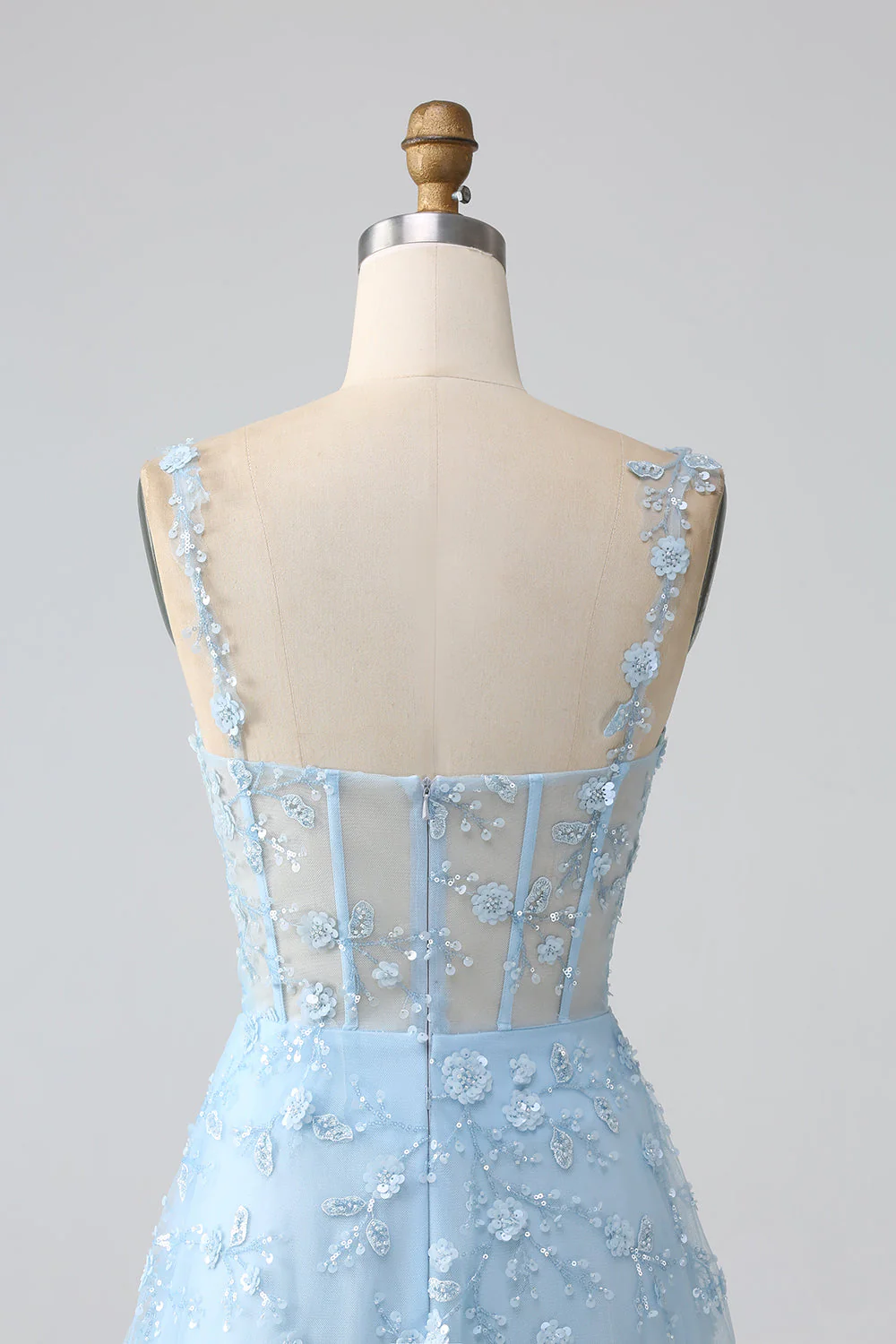 A Line Blush Spaghetti Straps Sequin Corset Prom Dress With Slit - Image 17