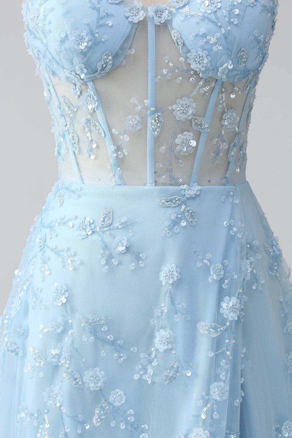 A Line Blush Spaghetti Straps Sequin Corset Prom Dress With Slit - Image 18