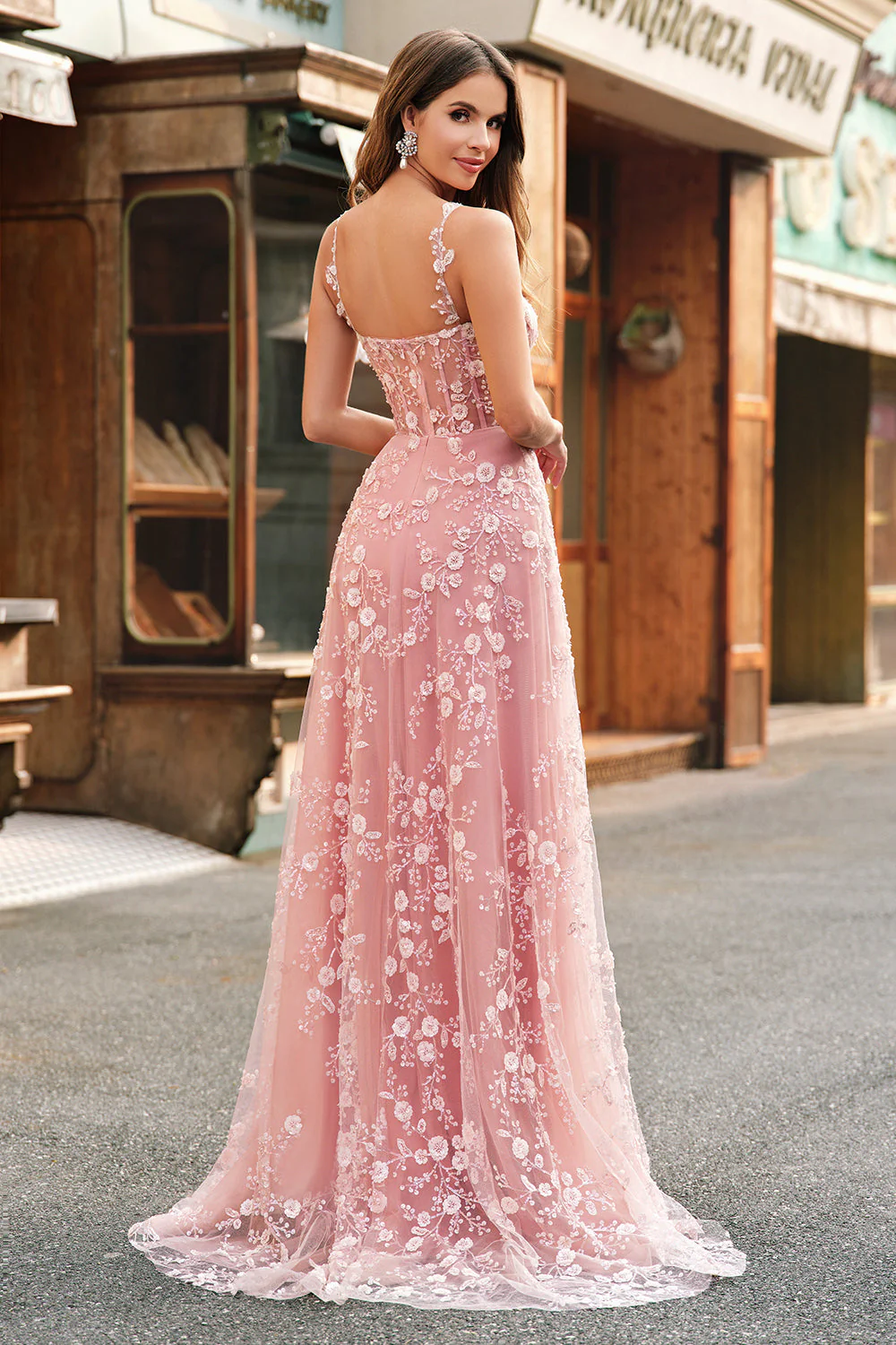 A Line Blush Spaghetti Straps Sequin Corset Prom Dress With Slit - Image 2
