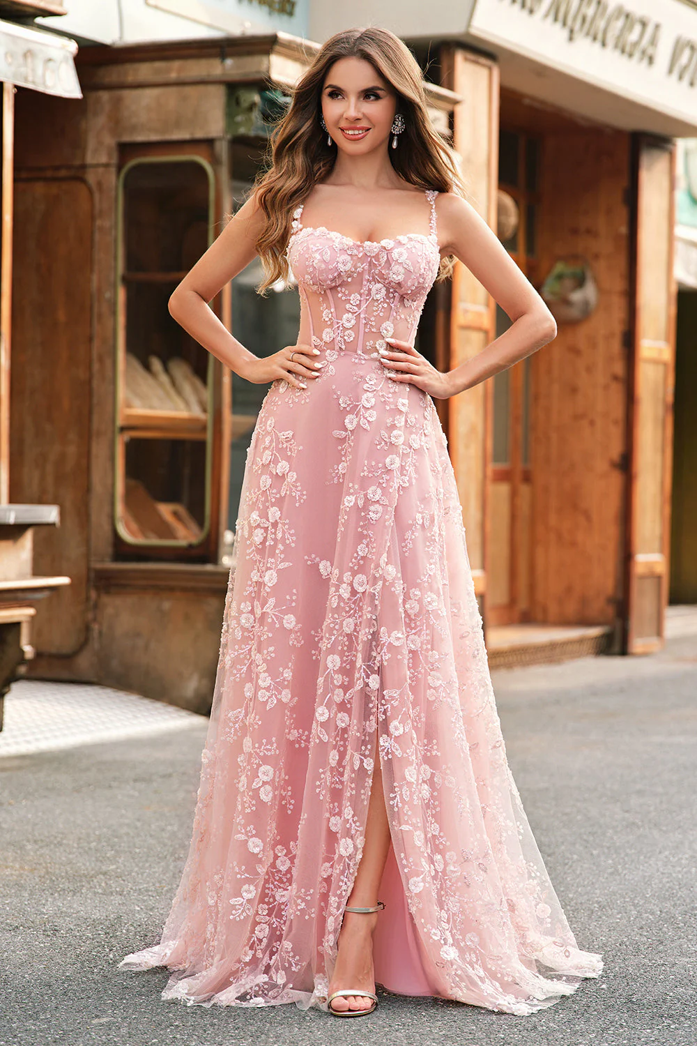 A Line Blush Spaghetti Straps Sequin Corset Prom Dress With Slit - Image 4