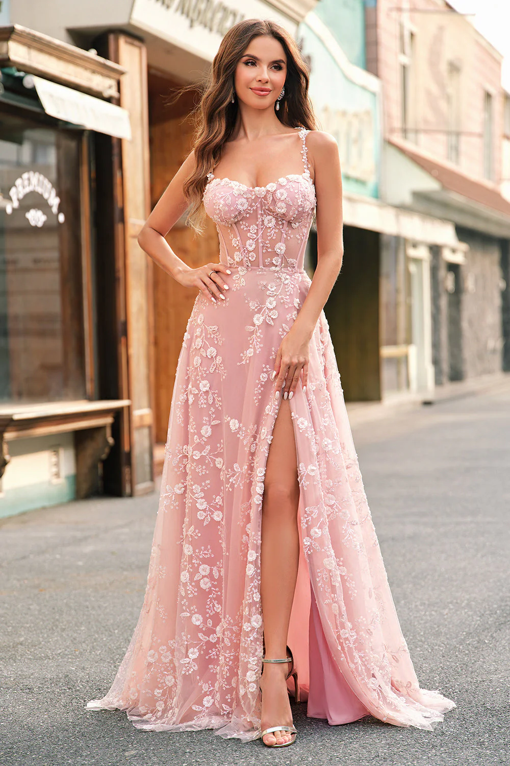A Line Blush Spaghetti Straps Sequin Corset Prom Dress With Slit - Image 6