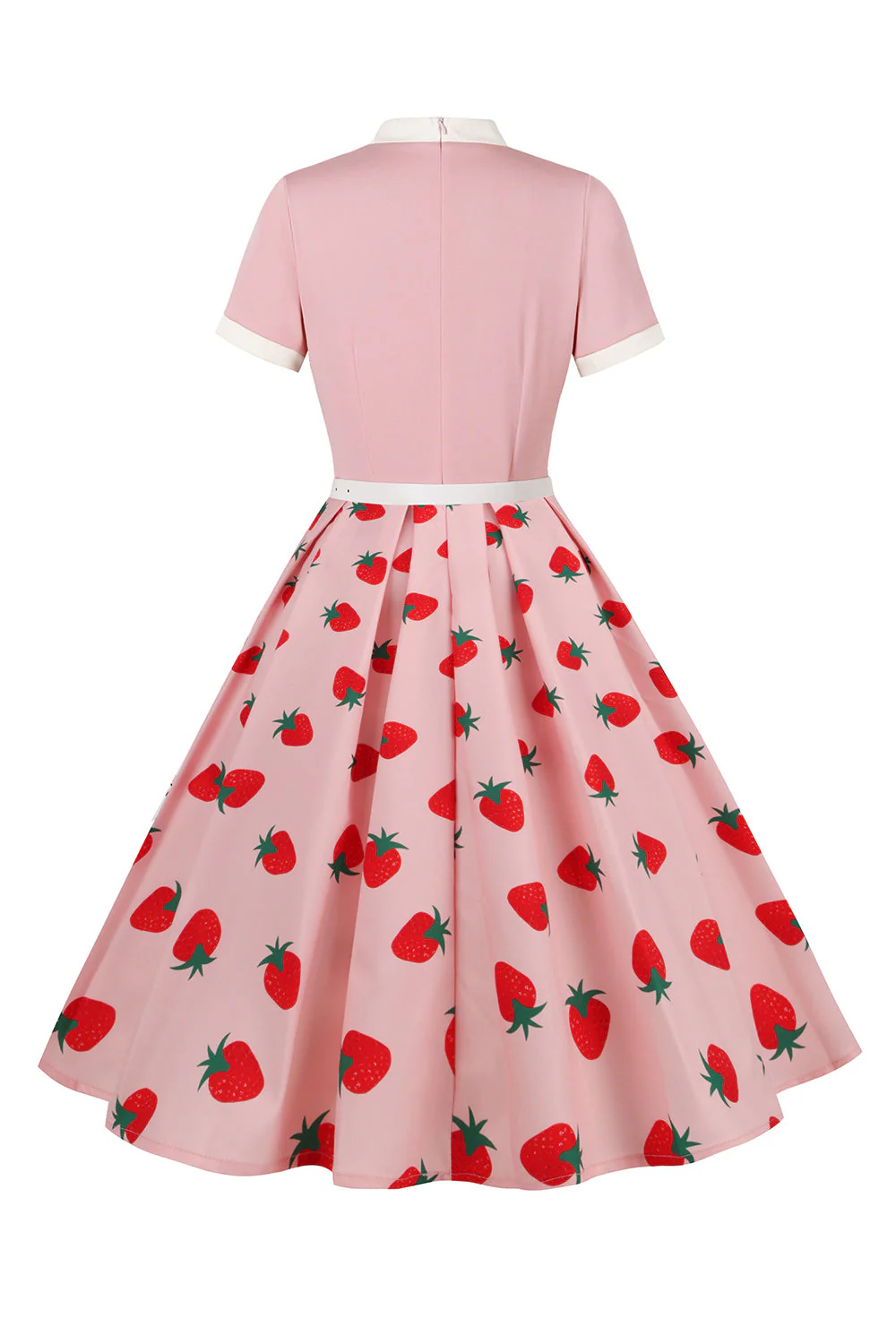 A Line Blush Strawberry Printed 1950s Dress with Short Sleeves - Image 2