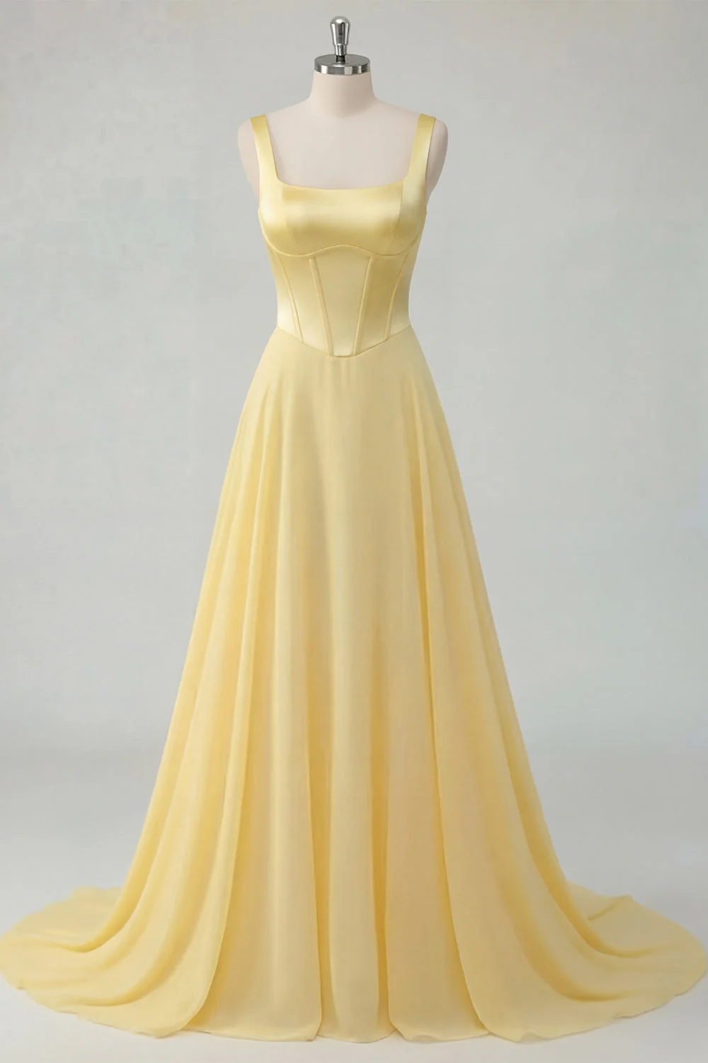 A-Line Butter Yellow Chiffon Square Neck Corset Maxi Dress