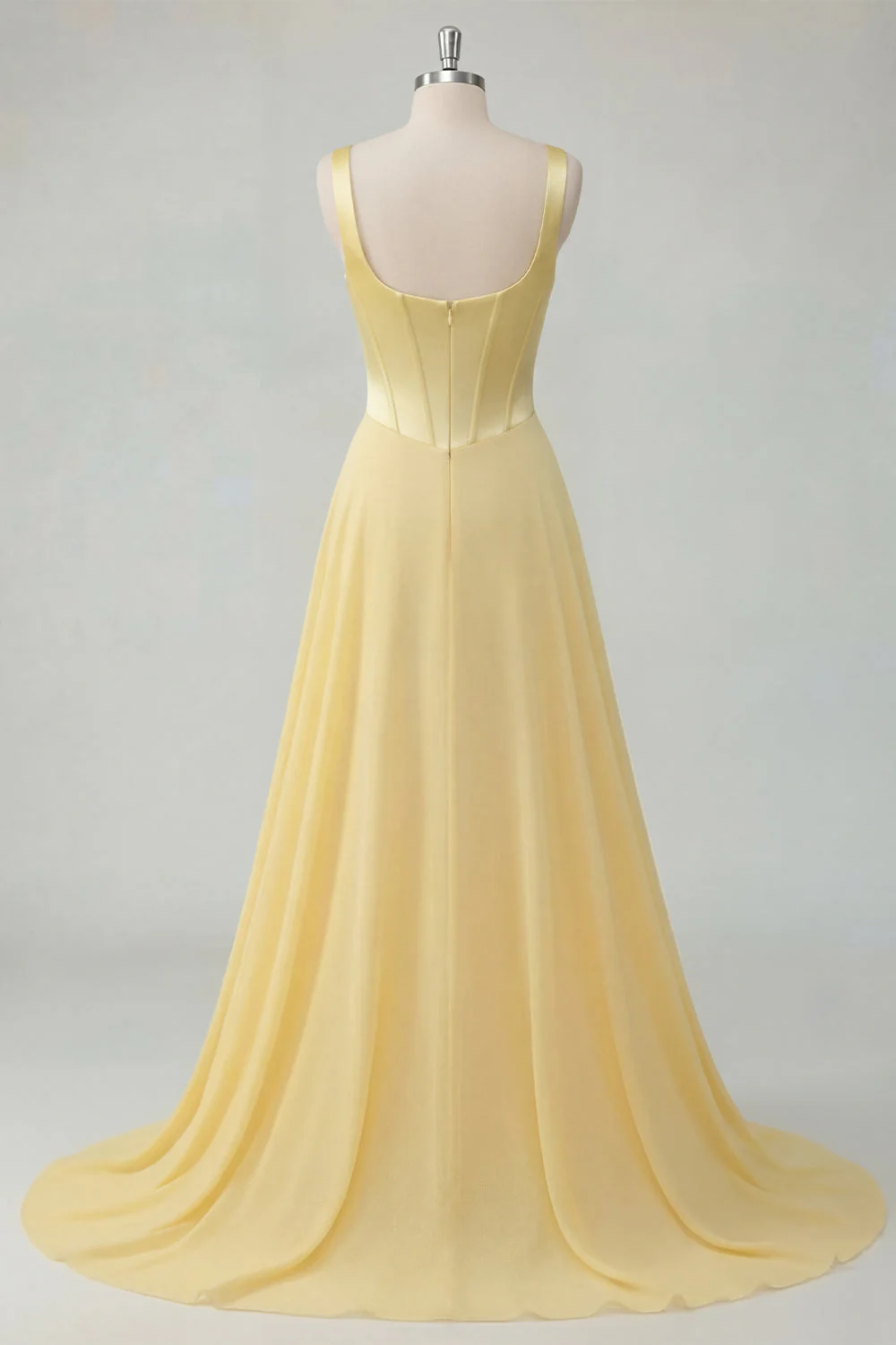 A-Line Butter Yellow Chiffon Square Neck Corset Maxi Dress - Image 2