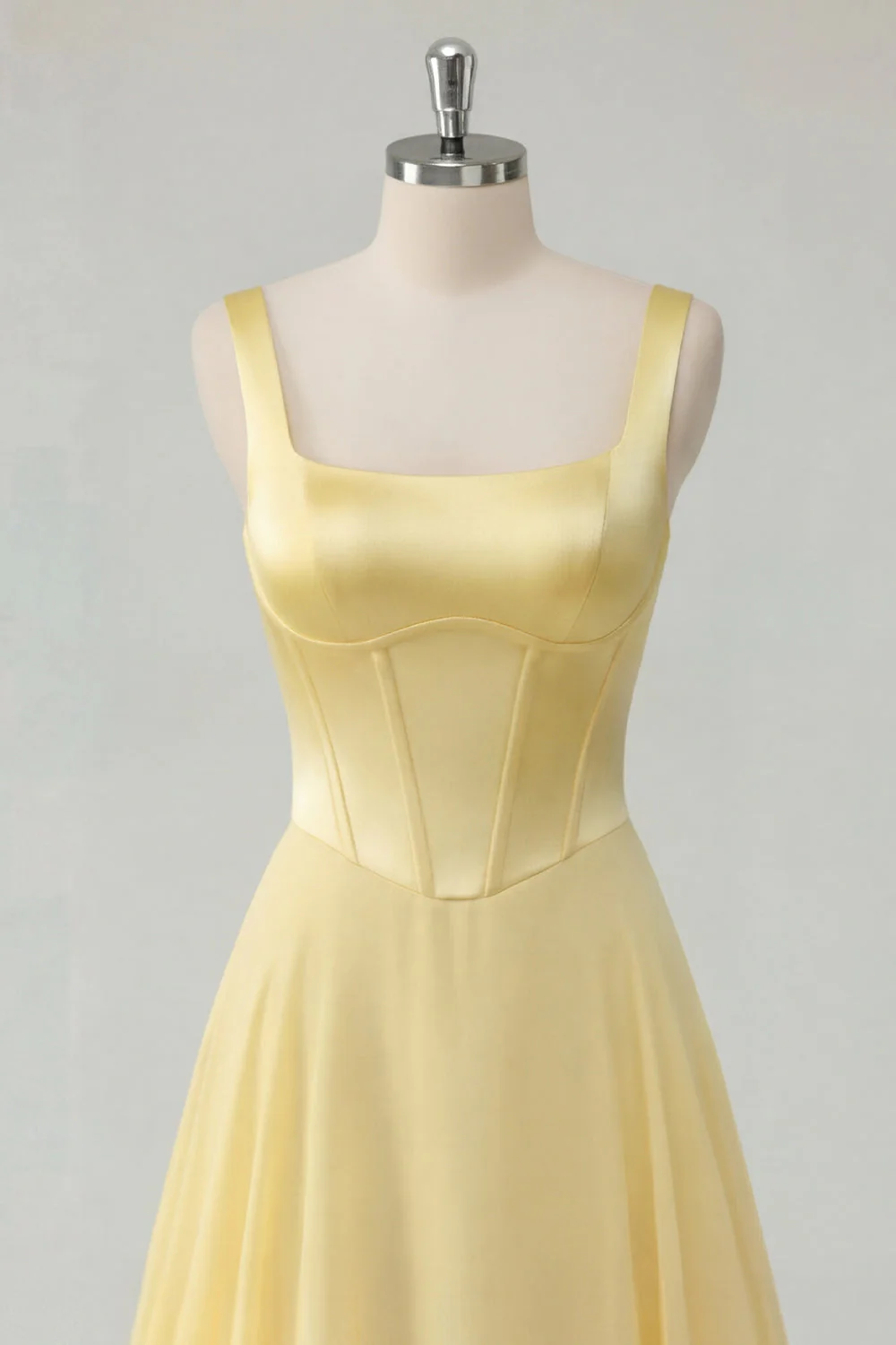 A-Line Butter Yellow Chiffon Square Neck Corset Maxi Dress - Image 3