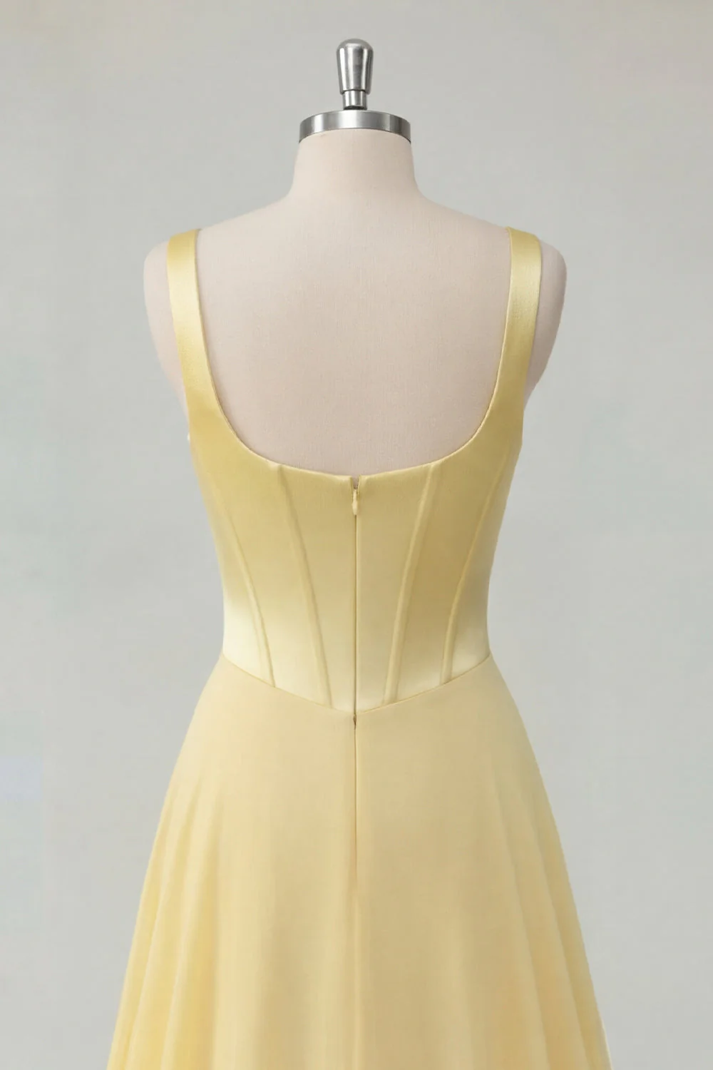 A-Line Butter Yellow Chiffon Square Neck Corset Maxi Dress - Image 4