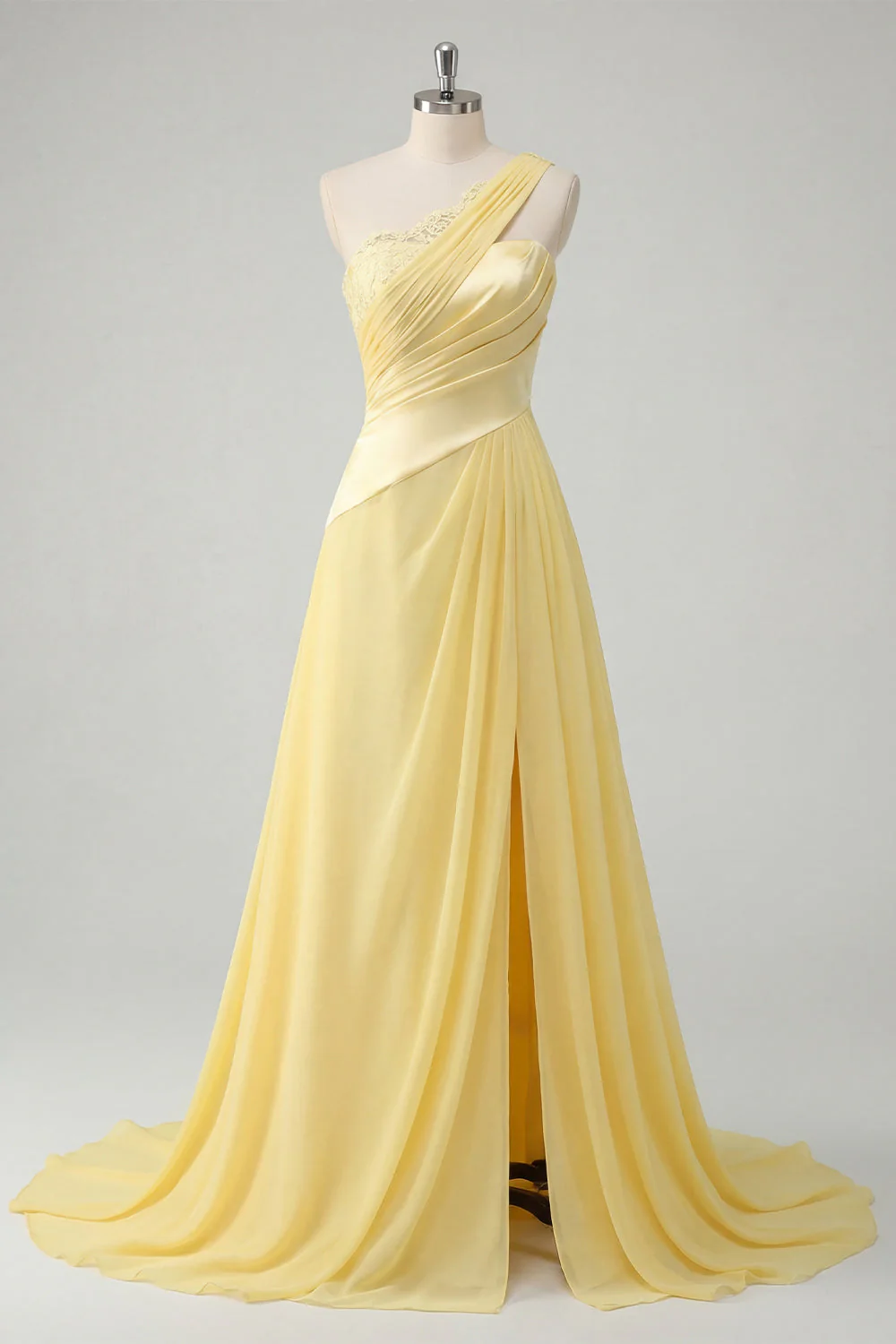 A-Line One Shoulder Chiffon Butter Yellow Ruched Maxi Dress with Slit