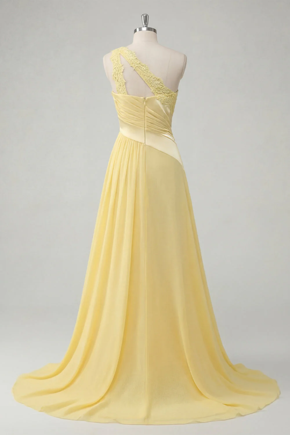 A-Line One Shoulder Chiffon Butter Yellow Ruched Maxi Dress with Slit - Image 2