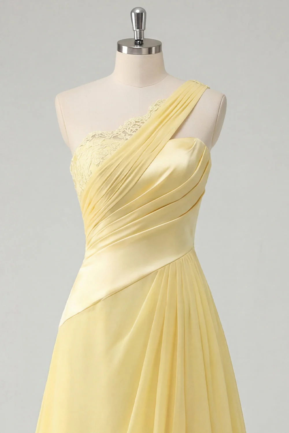 A-Line One Shoulder Chiffon Butter Yellow Ruched Maxi Dress with Slit - Image 3