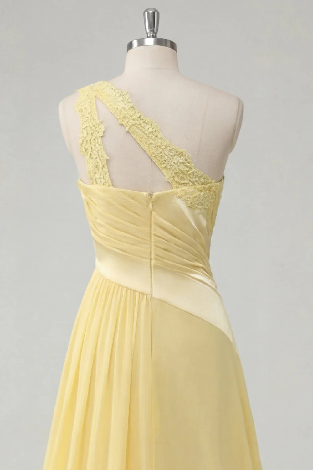 A-Line One Shoulder Chiffon Butter Yellow Ruched Maxi Dress with Slit - Image 4