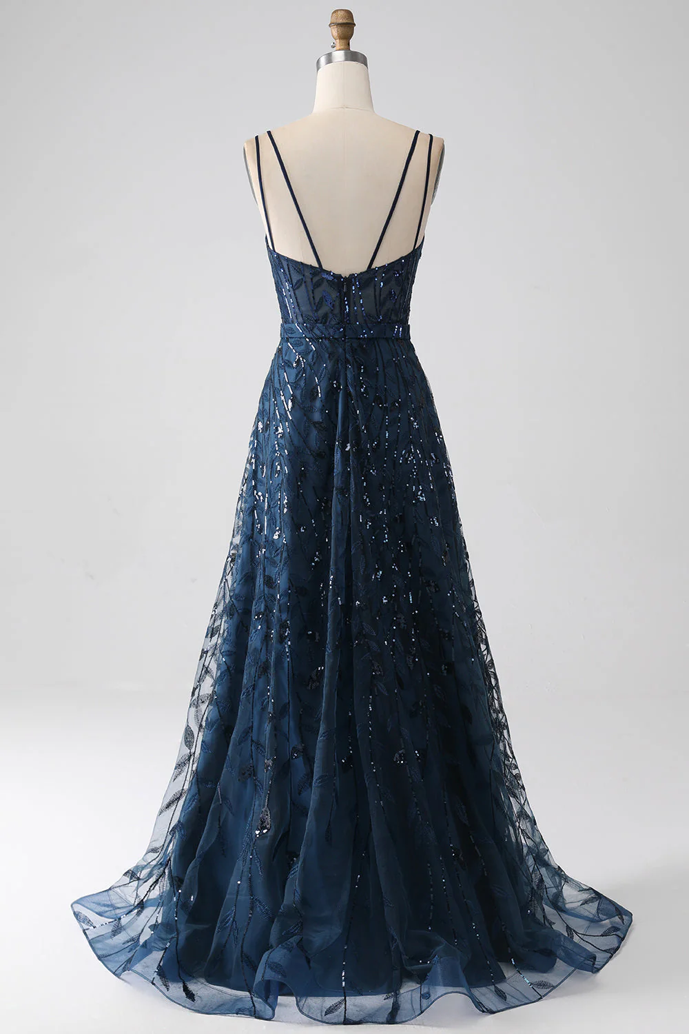 A-Line Dark Navy Spaghetti Straps Long Prom Dress with Slit - Image 2