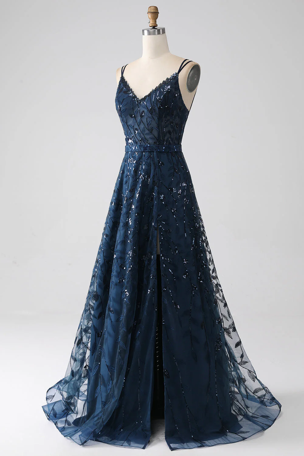 A-Line Dark Navy Spaghetti Straps Long Prom Dress with Slit - Image 3