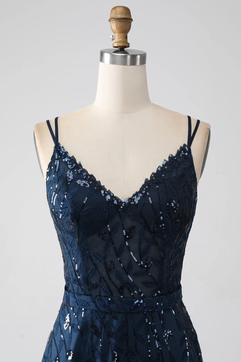 A-Line Dark Navy Spaghetti Straps Long Prom Dress with Slit - Image 4