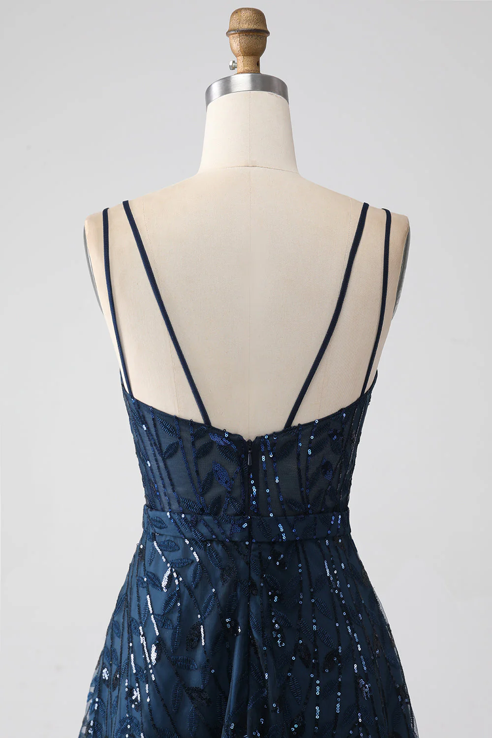 A-Line Dark Navy Spaghetti Straps Long Prom Dress with Slit - Image 5
