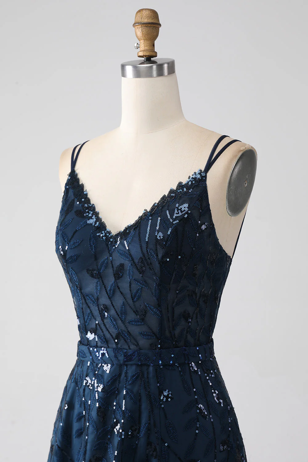 A-Line Dark Navy Spaghetti Straps Long Prom Dress with Slit - Image 6