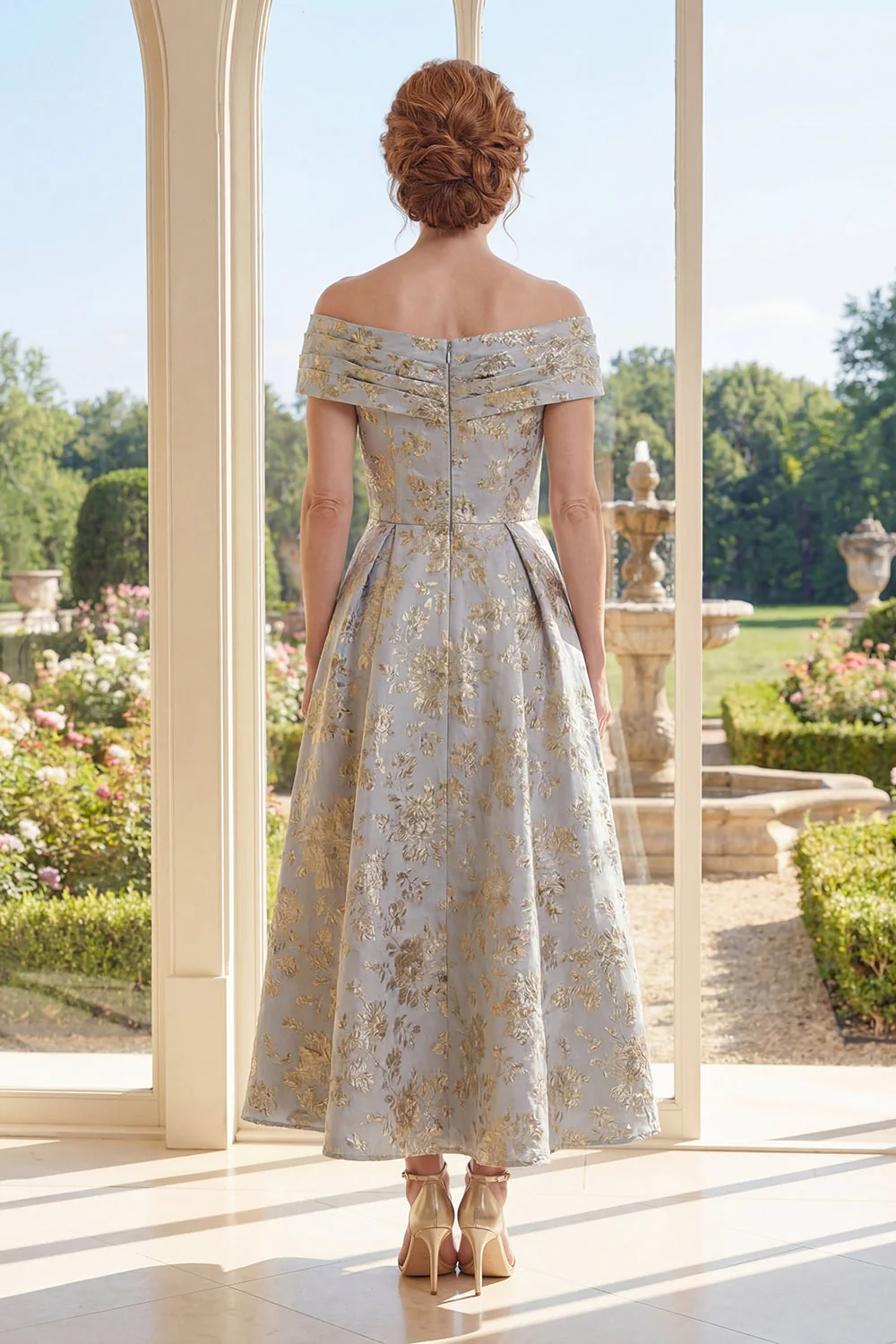 Dusty Blue Off the Shoulder A-Line Jacquard Ruched Long Mother Of the Bride Dress - Image 2