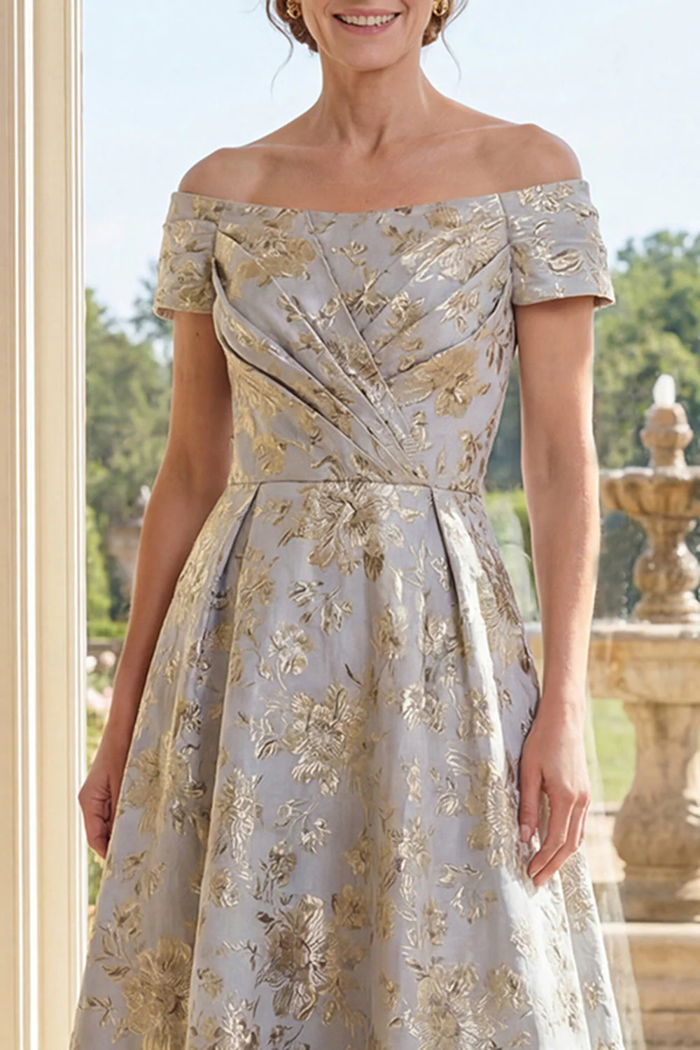 Dusty Blue Off the Shoulder A-Line Jacquard Ruched Long Mother Of the Bride Dress - Image 3
