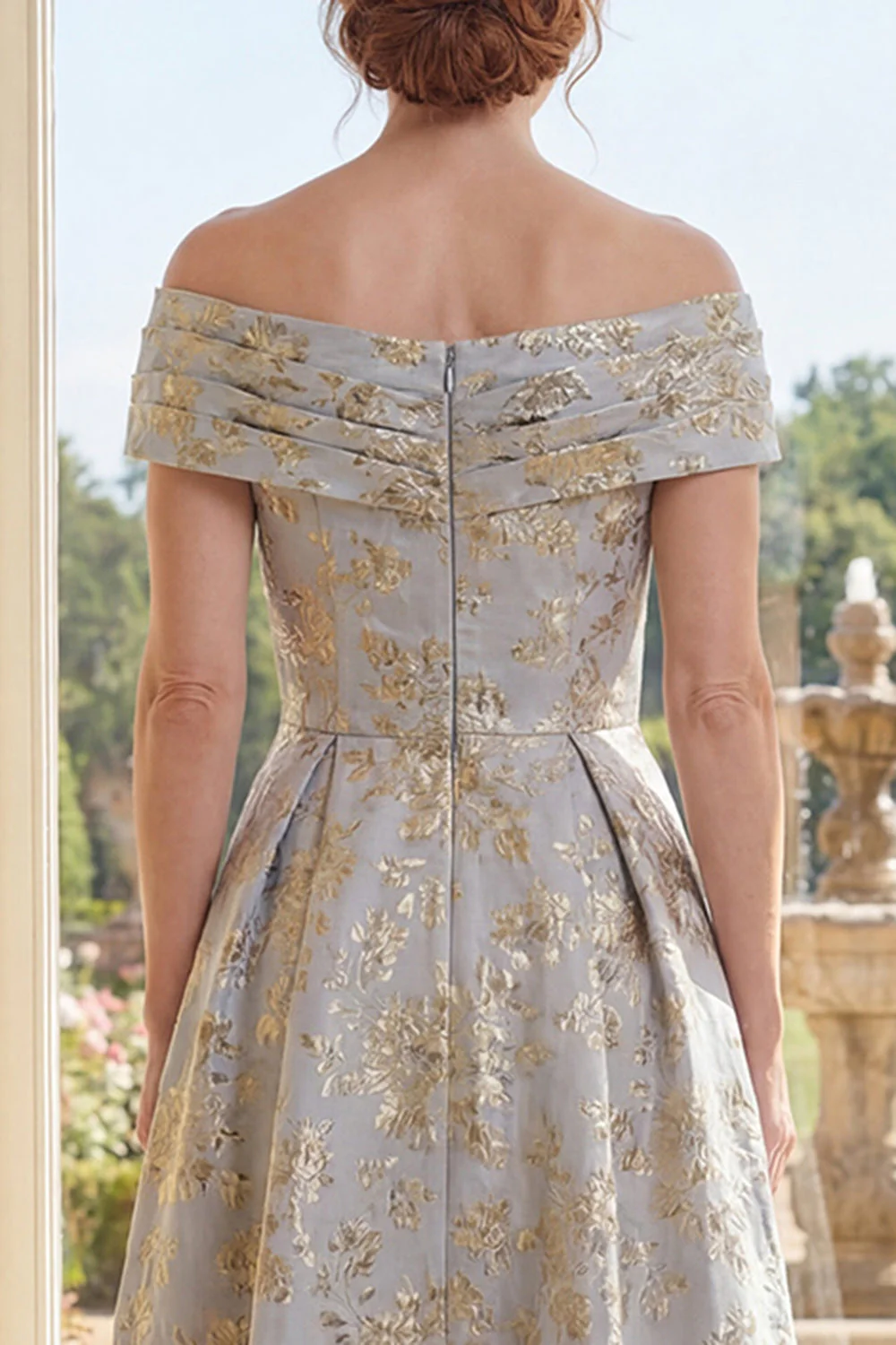 Dusty Blue Off the Shoulder A-Line Jacquard Ruched Long Mother Of the Bride Dress - Image 4