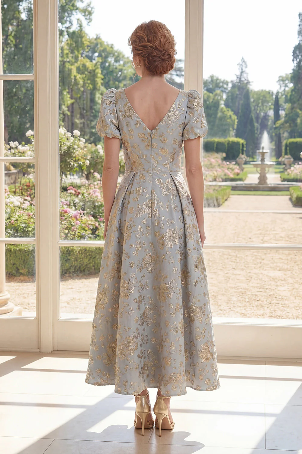 Dusty Blue A-Line V-Neck Jacquard Long Mother Of the Bride Dress with Puff Sleeves - Image 2