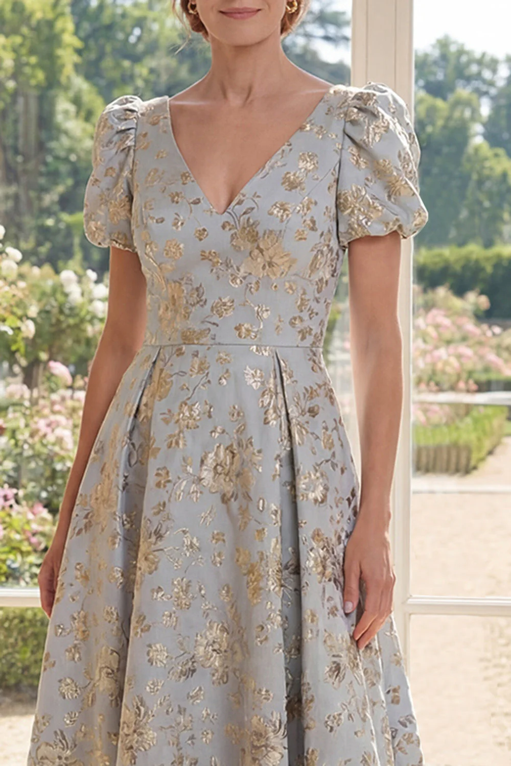 Dusty Blue A-Line V-Neck Jacquard Long Mother Of the Bride Dress with Puff Sleeves - Image 3