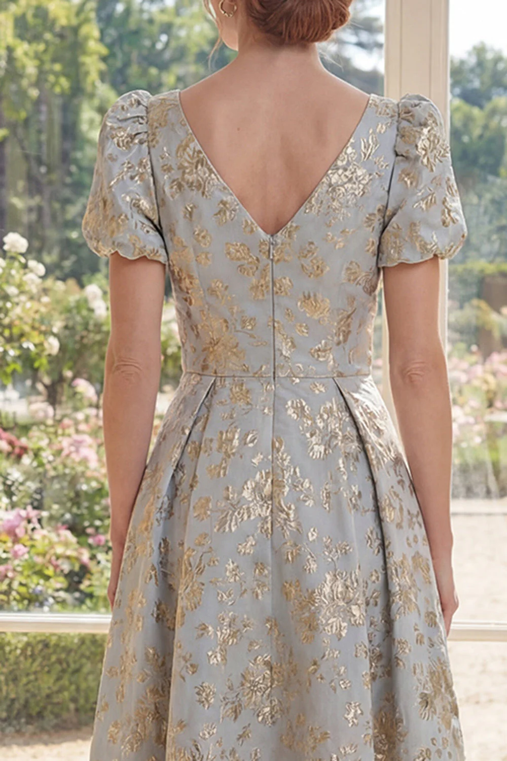 Dusty Blue A-Line V-Neck Jacquard Long Mother Of the Bride Dress with Puff Sleeves - Image 4