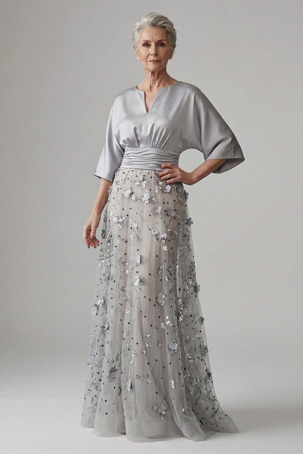 Silver A LineSequin Long Mother of the Bride Dress with 3D Flowers