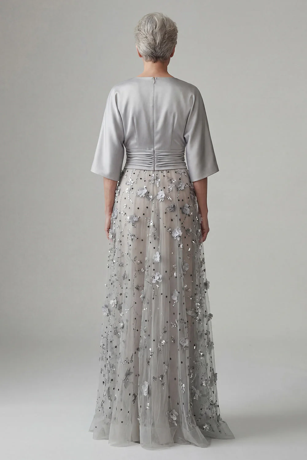 Silver A LineSequin Long Mother of the Bride Dress with 3D Flowers - Image 2