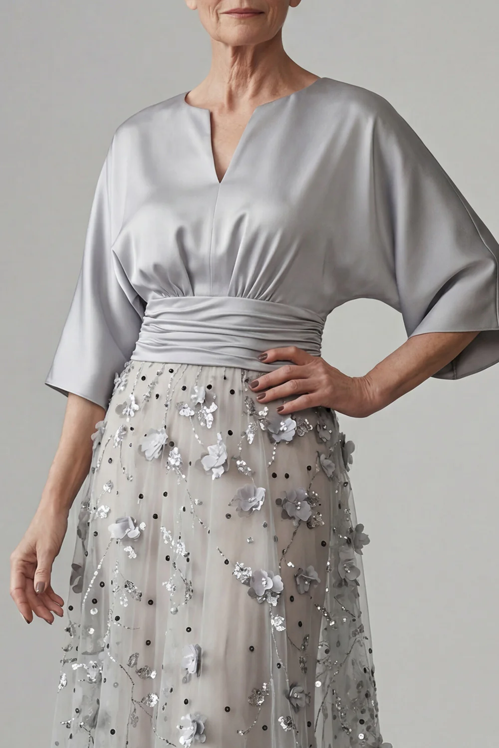 Silver A LineSequin Long Mother of the Bride Dress with 3D Flowers - Image 3
