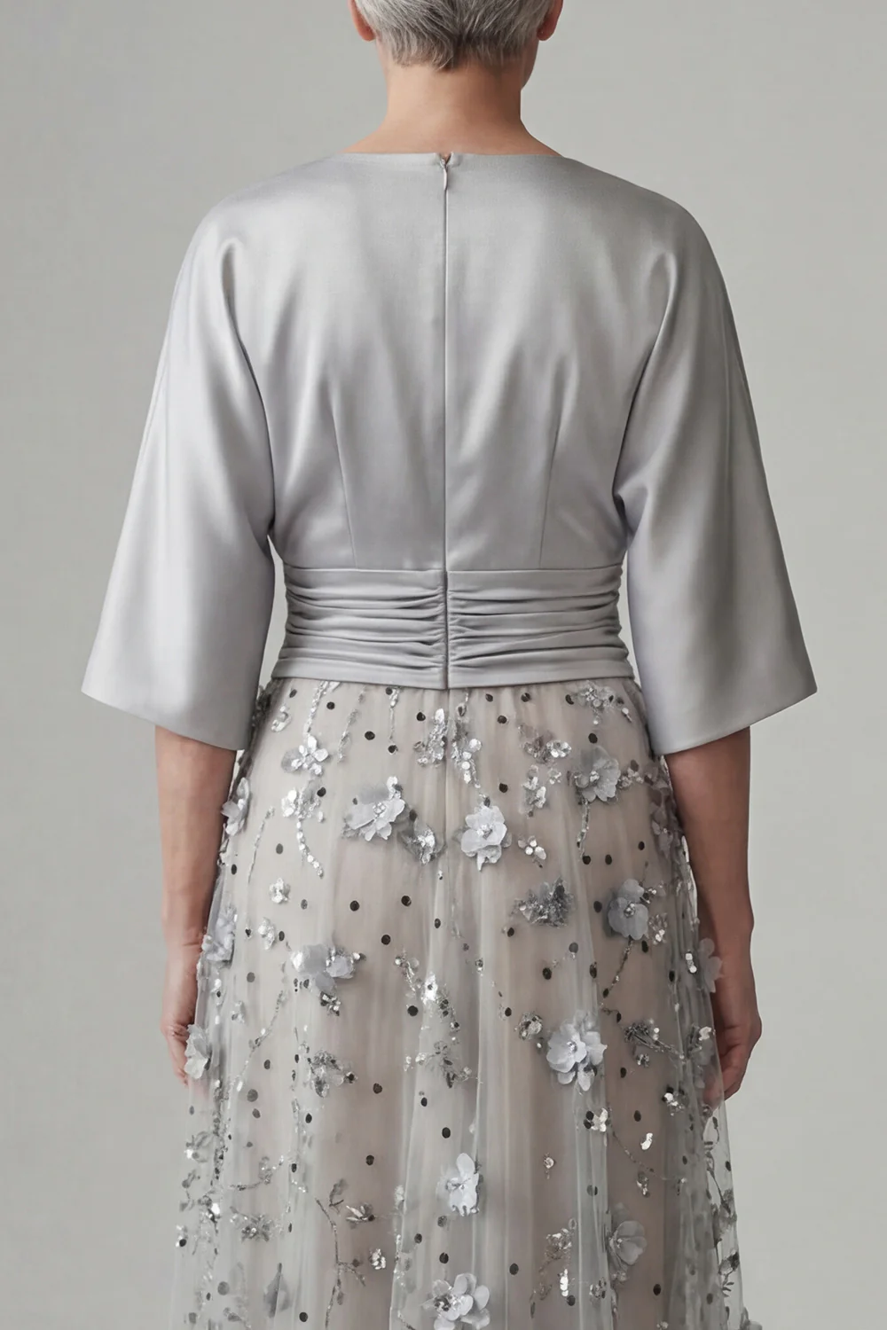 Silver A LineSequin Long Mother of the Bride Dress with 3D Flowers - Image 4