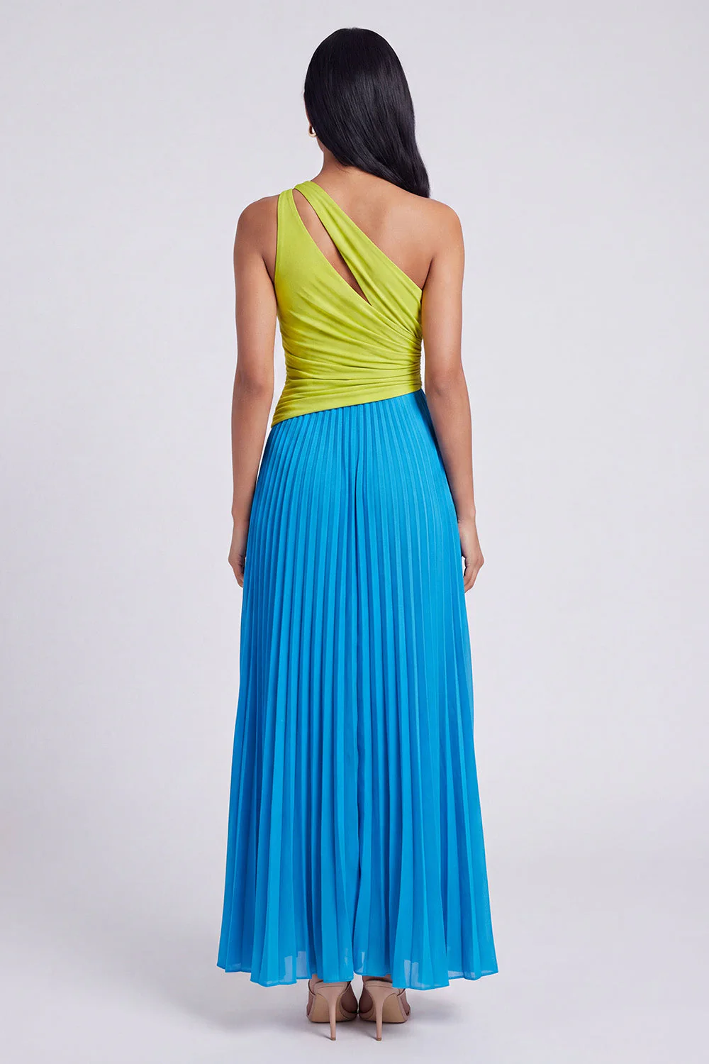 A-Line Green and Blue One Shoulder Pleated Ruched Maxi Dress - Image 2